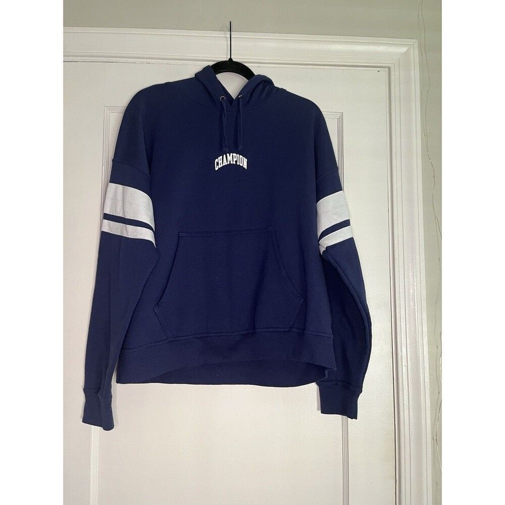 Champion Blue Striped Sleeve Pullover Hoodie Womens L Logo Kangaroo Pocket